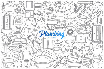 Hand drawn plumbing fixtures doodle set background with blue lettering in vector