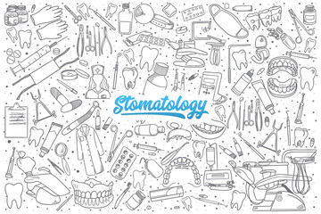 Fototapeta na wymiar Hand drawn stomatology doodle set background with blue lettering in vector