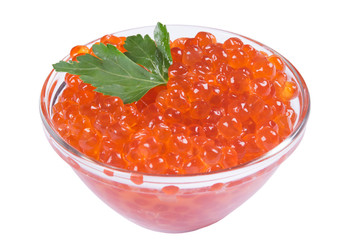 red caviar in the glass on white background with parsley