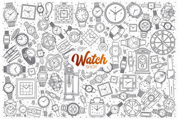 Hand drawn watch shop doodle set background with orange lettering in vector - obrazy, fototapety, plakaty