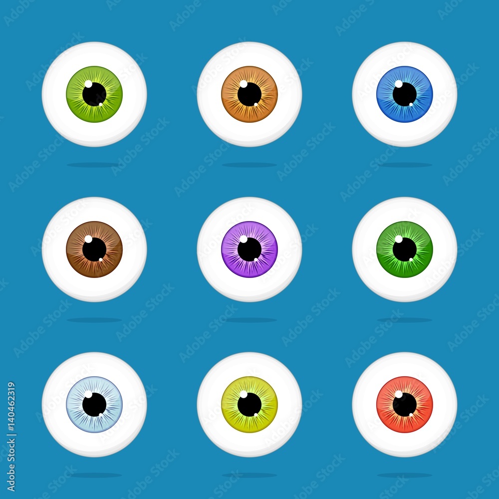 Wall mural Human eyes set isolated on blue background. Colorful eyeballs iris pupils