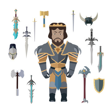 Fantasy Knight Character with Weapons Vector.