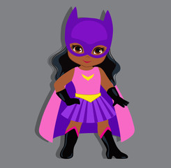 Illustration cute girl in the costume of a superhero. Vector illustration isolated on gray background.