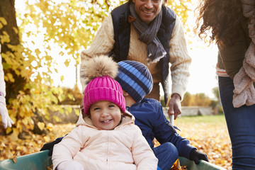 Father In Autumn Garden Gives Children Ride In Wheelbarrow