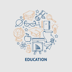Education Line Vector Icons Set In Circle Shape.
