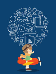 Kid Playing Toy Airplane With Education Icon