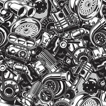 Automobile car parts seamless pattern with monochrome black and white elements background. © DGIM studio
