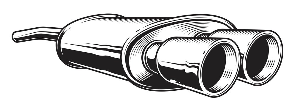 Isolated monochrome illustration of car exhaust pipe on white background