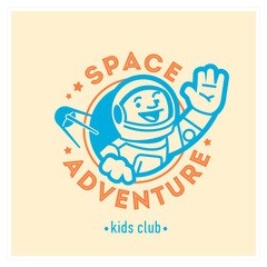 Kids club logo with happy astronaut. Cute kindergarten sign.