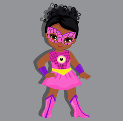 Illustration cute girl in the costume of a superhero. Vector illustration isolated on gray background.
