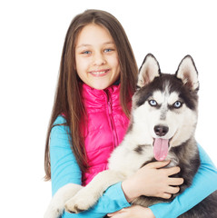 Girl and Siberian husky on white background