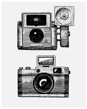 Photo camera vintage, engraved hand drawn in sketch or wood cut style, old looking retro lens, isolated vector realistic illustration
