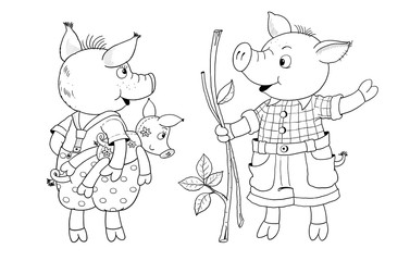 Three little pigs. Fairy tale. Coloring page. Illustration for children. Cute and funny cartoon characters
