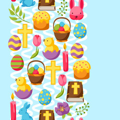 Happy Easter seamless pattern with decorative objects, eggs and bunnies