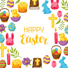 Happy Easter frame with decorative objects, eggs and bunnies