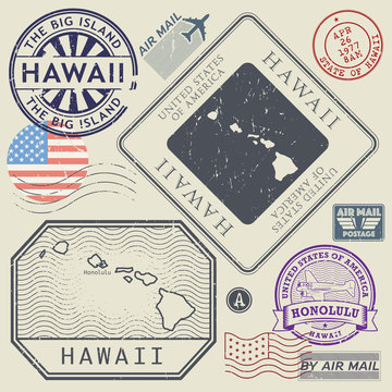 Retro vintage postage stamps set Hawaii, United States