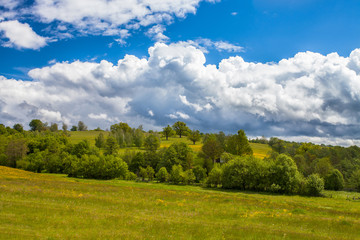 Green spring filed view in great weather with clouds and blue sky