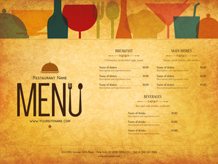 Restaurant menu design. Vector menu brochure template for cafe, coffee house, restaurant, bar. Food and drinks logotype symbol design - 140469528