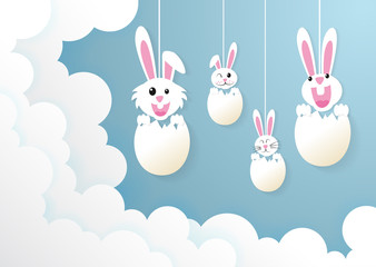 Easter day,rabbit with cloud and sky.paper art style.