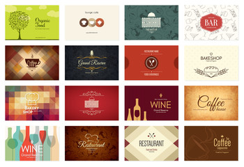 Business card big set. 16 bright visiting cards. Food and drink theme. For cafe, coffee house, restaurant, bar