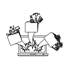 figure computer with files tools outside icon, vector illustraction
