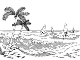 Sea windsurfing graphic black white seascape sketch illustration vector