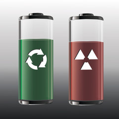 Atomic battery with radiation sign and battery with recycling symbol.