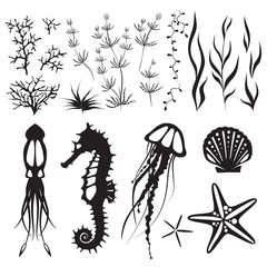 Obraz premium Sea life and underwater sea bottom elements, animals: jellyfish, seahorse, squid and plants. Black simple vector shapes, silhouette. The inhabitants of the seabed.