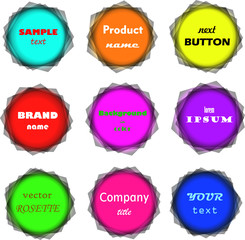 Abstract set of vivid and colorful frames. Bright design elements, round shaped banners, circular labels, buttons, signs, badges. Stock illustration set of templates isolated on white background.