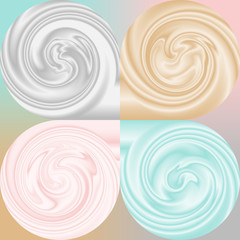 3D like dark smooth and silky cosmetics, liquid, gel, milk, cream, skin care or another daily product swirl in pastel color silver, pink, blue, brown. Realistic stock vector background or texture set.