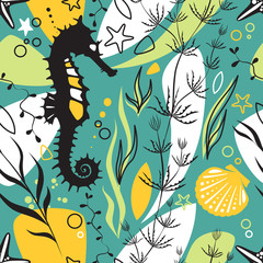 Sea life underwater modern design vector seamless pattern. Coral reef with seahorse, plant, seashell and starfish, cute colors and enjoyable mood.