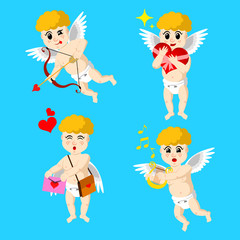 Cupid drawn in four roles isolated on monochrome background. Cupid aiming his bow. Cupid giving love letter. Cupid playing love music. Cupid holding valentine's day gift. Vector illustration.