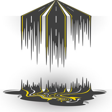 Melted asphalt road or highway abstract vector illustration, three roads cumming from far perspective and drip down into asphalt or tar pit, ripped road surrealistic scene, conceptual background.