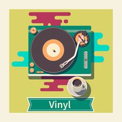 Obraz premium Retro vinyl turntable Cup of coffee on the table Flat vector illustration