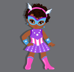 Illustration cute girl in the costume of a superhero. Vector illustration isolated on gray background.