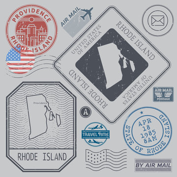 Retro vintage postage stamps set Rhode Island, United States