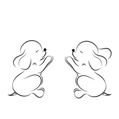 Black outline drawing of two little puppies isolated on white background