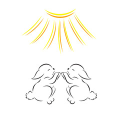 black outline of two rabbits under sun isolated on white background