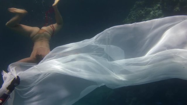 Underwater model young girl free diver in white transparent veil in Red Sea. Filming a movie at camera. Extreme sport in marine landscape, coral reefs, ocean inhabitants.