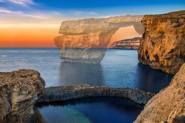 Gozo, Malta - The beautiful Azure Window, a natural arch on the island of Gozo has been collapsed in 9. March. 2017. On this image you can see the before-after site, as the Window is at 50% opacity - obrazy, fototapety, plakaty