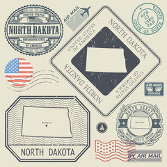 Retro vintage postage stamps set North Dakota, United States - obrazy, fototapety, plakaty