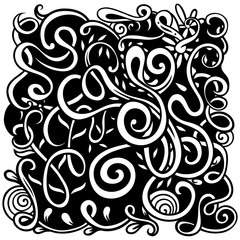 Black and white graphics. The layout of the square. Interweaving lines and spirals. Vector graphics. Coloring.