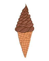 Soft chocolate ice cream in a waffle cone. Hand drawn doodle illustration