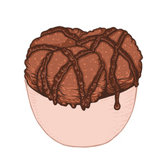 Three scoops of ice cream with chocolate sauce in plate. Hand drawn illustration