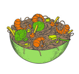 Asian fastfood with noodles shrimps, pepper, vegetables in a plate. Hand drawn