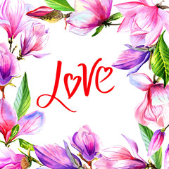Wildflower magnolia flower frame in a watercolor style isolated.