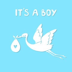 Flying stork with baby. It's a boy. Vector illustration.