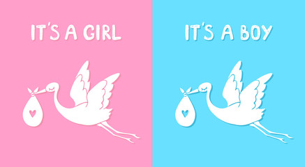 Flying stork with baby. It's a boy and girl. Vector illustration © bigbaraboom
