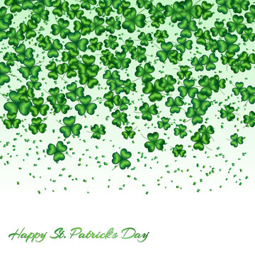 Pattern Saint Patrick Day with shamrocks and confetti falling down on white background
