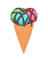 Three scoops of ice cream with chocolate sauce in waffle cone. Hand drawn doodle
